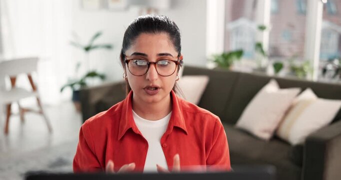 Woman, laptop or talking on video call in home for interview screening, hiring process or opportunity. Freelance vacancy, candidate and virtual meeting in house for recruitment and introduction chat