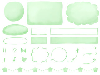 水彩：グリーンの手描きフレーム・あしらいセット