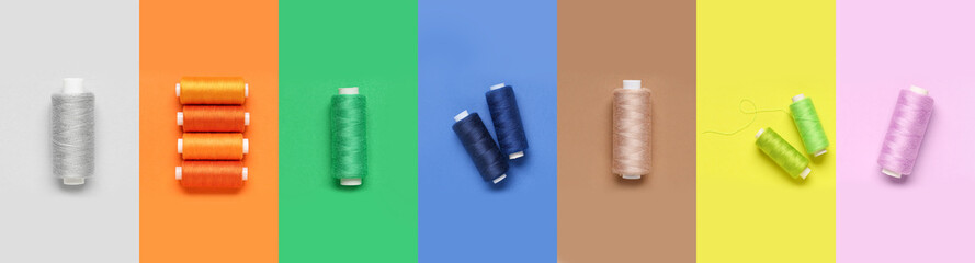Set of many different threads on color background, top view