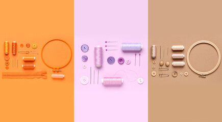 Set of many threads and sewing supplies on color background, top view