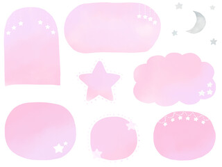 水彩：星と月の飾りのあるフレーム枠セット・ピンク