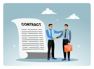 Businessmen shake hands after signing a contract agreement.