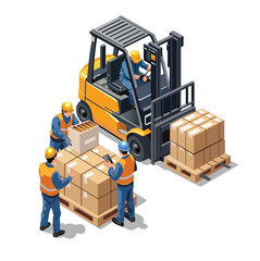 Isometric illustration of forklift with boxes and some workers around