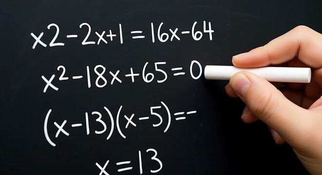 Hand Holding Chalk Writing Quadratic Equations on a Black Chalkboard Surface - Powered by Adobe