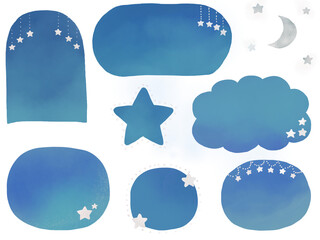 水彩：星と月の飾りのあるフレーム枠セット・青