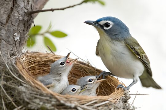 Blue-headed Vireo Nest With Baby Birds and Mother Isolated