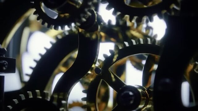 Golden clockwork gears interlocking precision mechanism detailed view