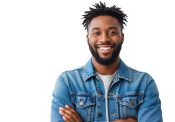 Smiling man with dreadlocks wearing denim jacket confident and happy portrait isolated on transparent background