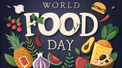 Bold text 'World Food Day' surrounded by beautiful edible objects.