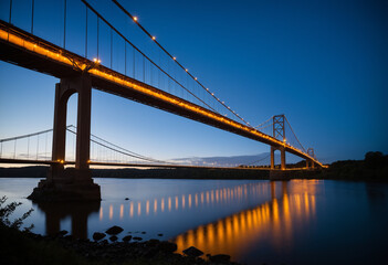 Bridge spanning a river at dusk, engineering details, long exposure lights