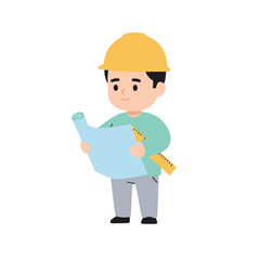 Cute Style Cartoon Construction Worker Holding Blueprint Illustration Graphic Art