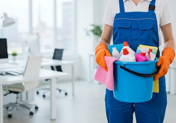 Professional cleaning worker in a blue uniform and orange gloves carrying a bucket of supplies in a bright modern office
