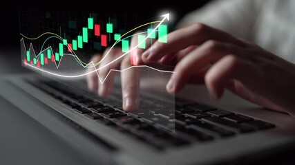 Close-up view of hands typing on a laptop keyboard with an overlay of a digital financial chart, illustrating market growth and data analytics for business insights. Copula - Powered by Adobe