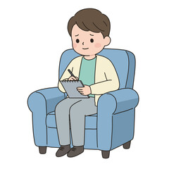 Simple Cartoon Man Sitting on Armchair Taking Notes Illustration