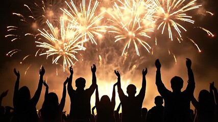Group of people celebrating under bright fireworks during festive New Year night - Powered by Adobe