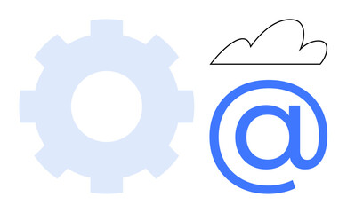 Gear shape, cloud outline, and blue at-symbol visually combine to depict cloud technology, automation, and communication. Ideal for technology, communication, teamwork, innovation internet