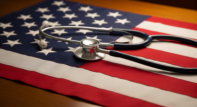 The State of American Healthcare: A medical stethoscope lies on the USA flag, symbolizing national health, insurance policies, and political debate.