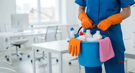 Professional cleaning worker in a blue uniform and orange gloves carrying a bucket of supplies in a bright modern office