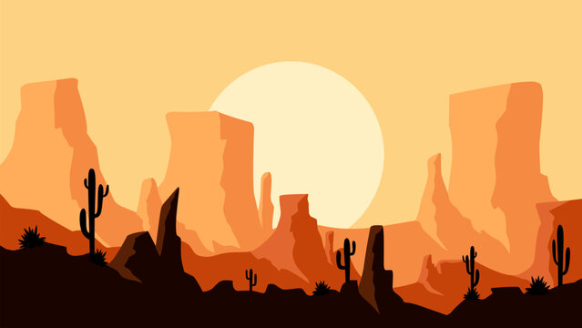 Desert landscape illustration with cacti and buttes rock formations