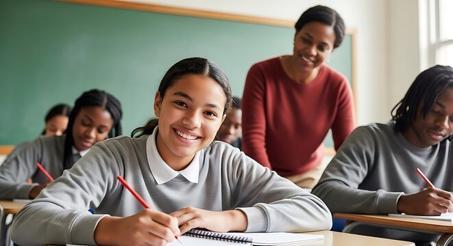 Smiling student writing in class with teacher supervising, diverse classroom setting