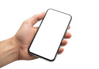Hand holding modern smartphone with blank screen for content placement and digital innovation isolated on transparent background