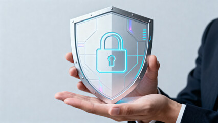 Person holding digital shield with lock icon