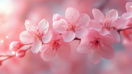 Naklejka premium Close up of pink cherry blossoms on a branch with a soft focus pink background in a macro shot on transparent background