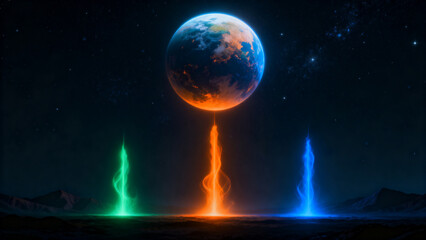 Cosmic scene with planet and glowing pillars