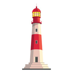 Tall red and white lighthouse with glowing top light standing on a stone base, symbolizing guidance and safety by the sea.
