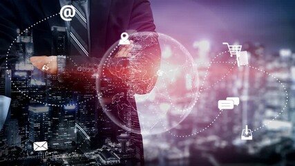 Visualization of global digital communication and online across multiple platforms, including global network, digital network, communication network, and online network. Marrow - Powered by Adobe