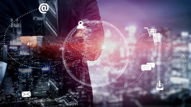 Visualization of global digital communication and online across multiple platforms, including global network, digital network, communication network, and online network. Marrow - Powered by Adobe