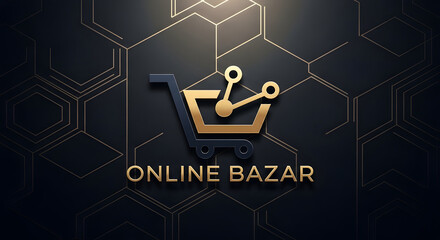 Fototapeta premium Golden shopping cart icon with circuit board elements and the words online bazar on a dark hexagonal background