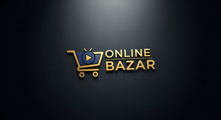 Golden 3d online shopping cart and text logo on dark background