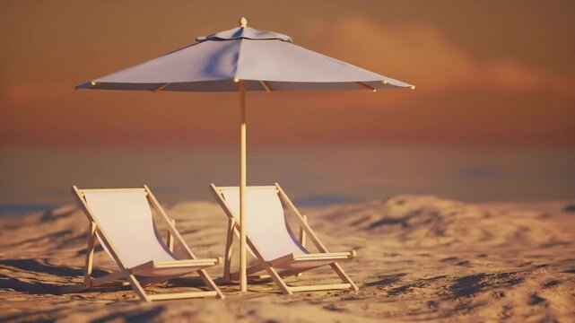 Beach Chairs & Umbrella Relaxing Scene on a Sunny Shore