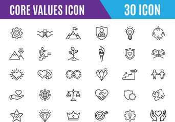 Core Values thin line icons set. Goal, Trust, Teamwork,Goal, Trust, success, vision, ethics, Editable stroke. outline icons.