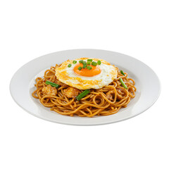 Noodles topped with a fried egg garnish on a plate  on white or transparent background
