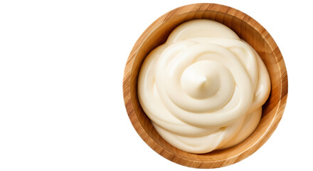 Illustration of creamy mayonnaise in a wooden bowl isolated on transparent background