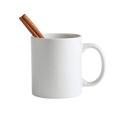 White mug with cinnamon stick isolated on transparent background