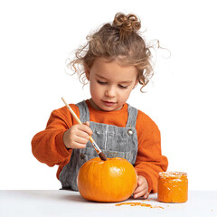 Toddler painting pumpkin isolated on transparent background