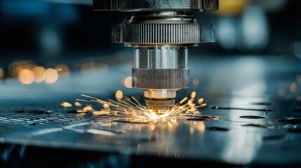 Automated Laser Cutting Precision: Industrial Process of Sheet Metal with Sparkling, Intense Cutting Sparks.