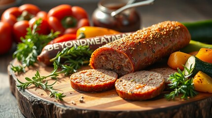 wooden board beyond meat sausage plant-based sausage vegan food close-up plant protein herbs vegetables meat substitute

