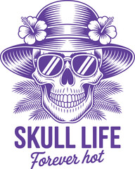A stylish skull wearing sunglasses and a hat with tropical flowers for a summer funny t-shirt design
