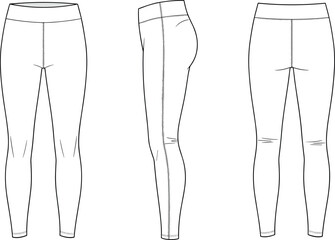 Women’s leggings technical sketch, fashion flat drawing, waistband seam detail, side contour fit, back seam construction, apparel cad vector illustration