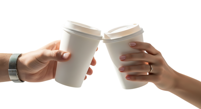 Illustration of two hands toasting with coffee cups isolated on transparent background