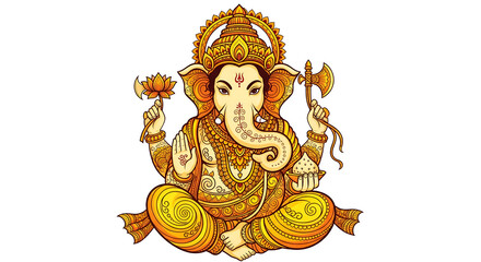 Ornate golden illustration of Lord Ganesha, the Hindu elephant-headed god of wisdom, seated in a lotus pose with symbolic objects isolated on a white background.