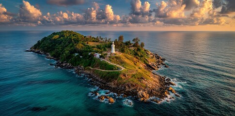 Picturesque Island Paradise: Dramatic Skies and Turquoise Waters Surround a Tranquil Coastal Landscape, a Lighthouse Beckons.