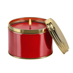 Red scented candle in gold tin isolated on transparent background