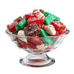 Festive holiday candies in glass bowl isolated on transparent background