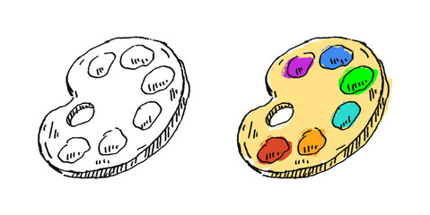 Grunge sketch hand-drawn artist palette vector. Ideal for art, color, and creative studio themes. This graphic symbolizes visual arts and inspiration with a distressed, gritty aesthetic.