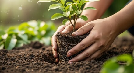 Fototapeta premium Hands planting a small tree in fertile soil with green leaves.
